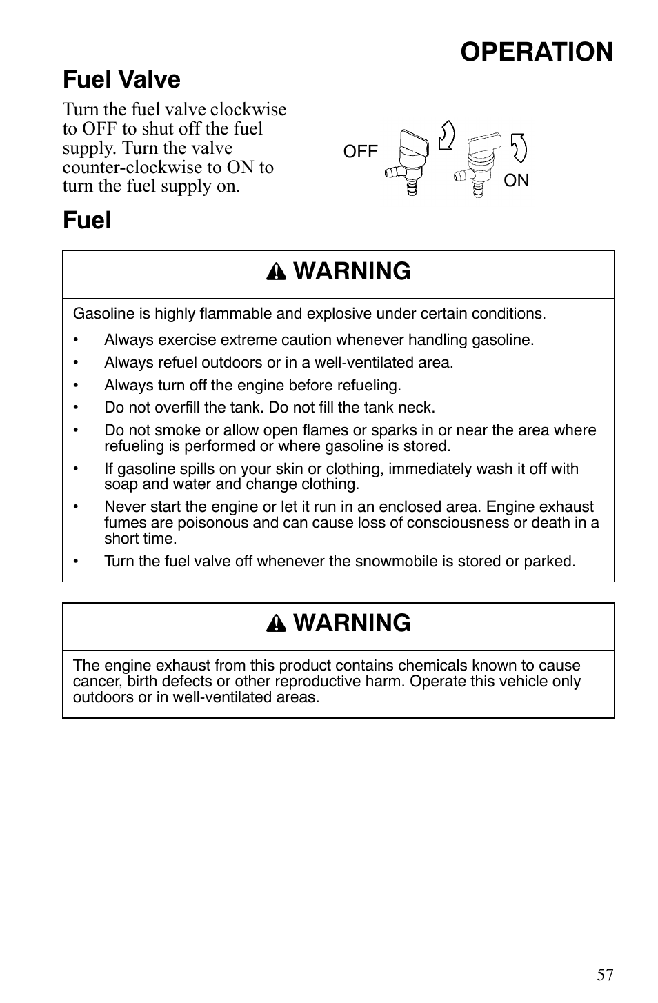 Operation, Fuel valve, Fuel warning | Warning | Polaris 500 XC SP User Manual | Page 60 / 148