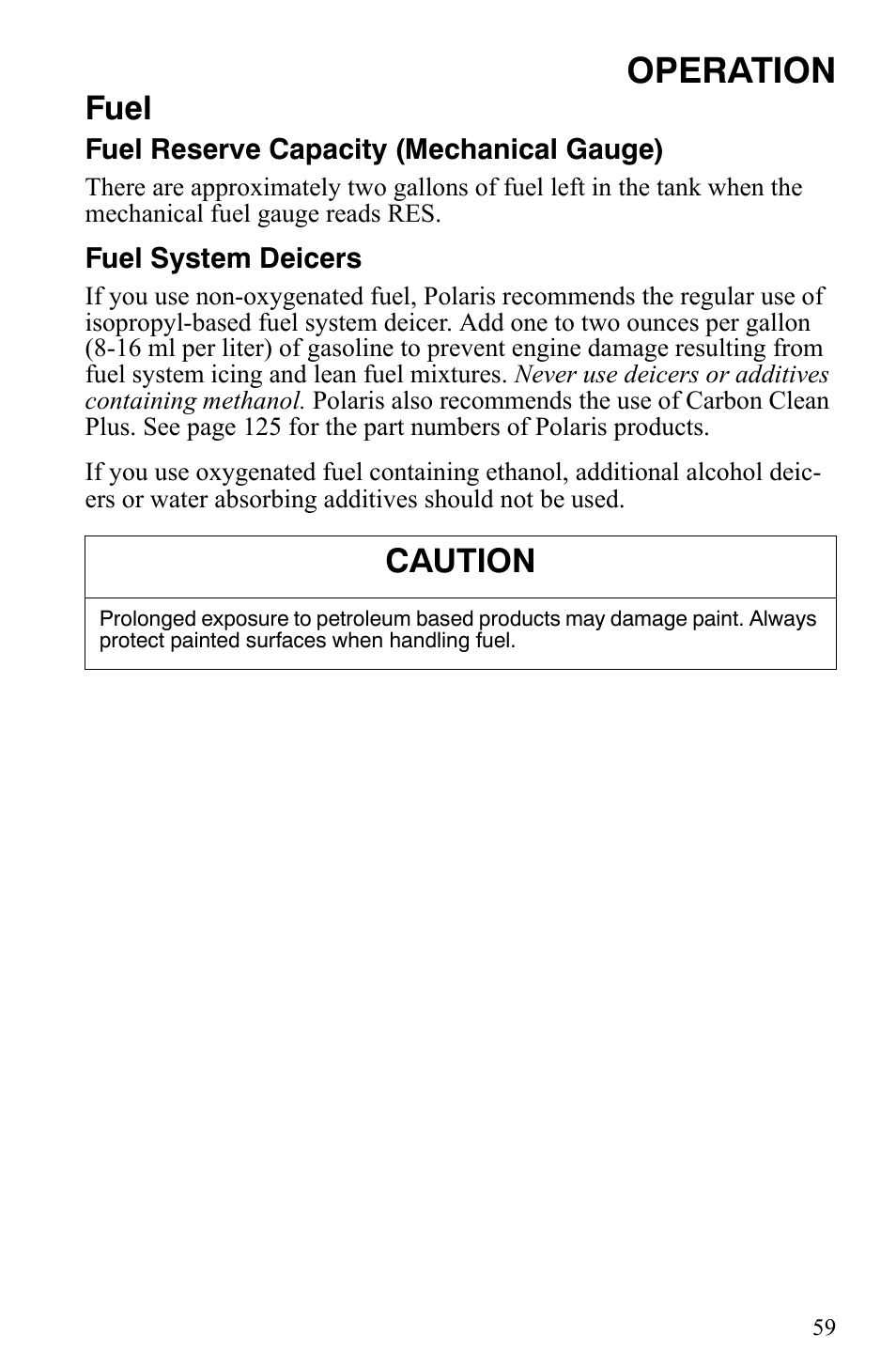 Operation, Fuel, Caution | Polaris 500 XC SP User Manual | Page 62 / 148