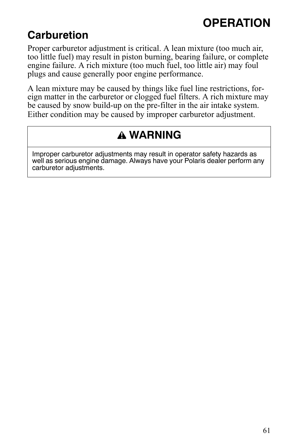 Operation, Carburetion, Warning | Polaris 500 XC SP User Manual | Page 64 / 148