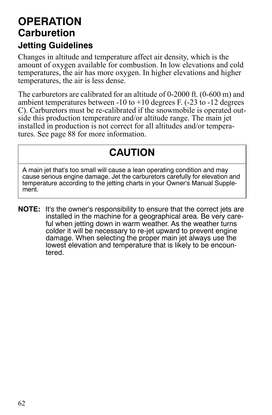 Operation, Carburetion, Caution | Polaris 500 XC SP User Manual | Page 65 / 148