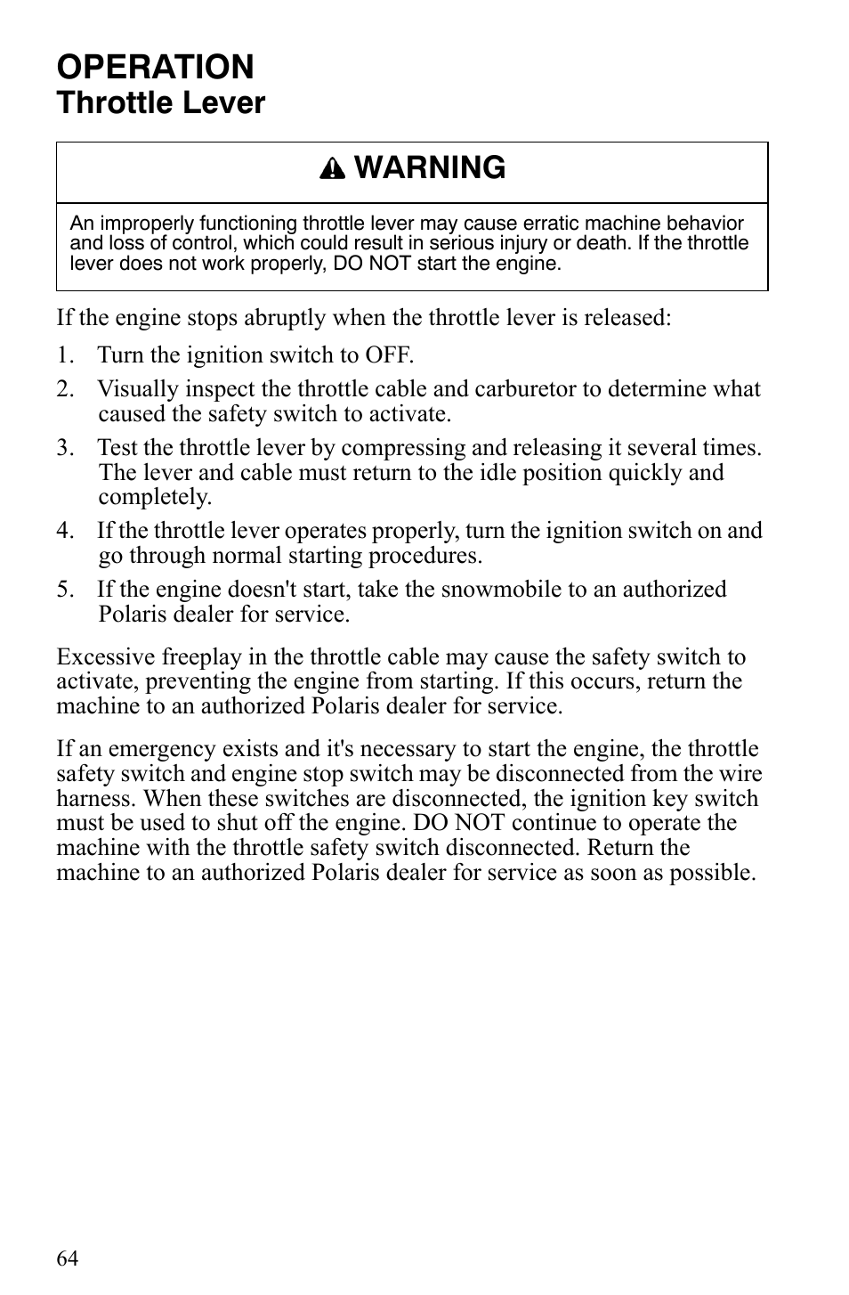 Operation, Throttle lever, Warning | Polaris 500 XC SP User Manual | Page 67 / 148