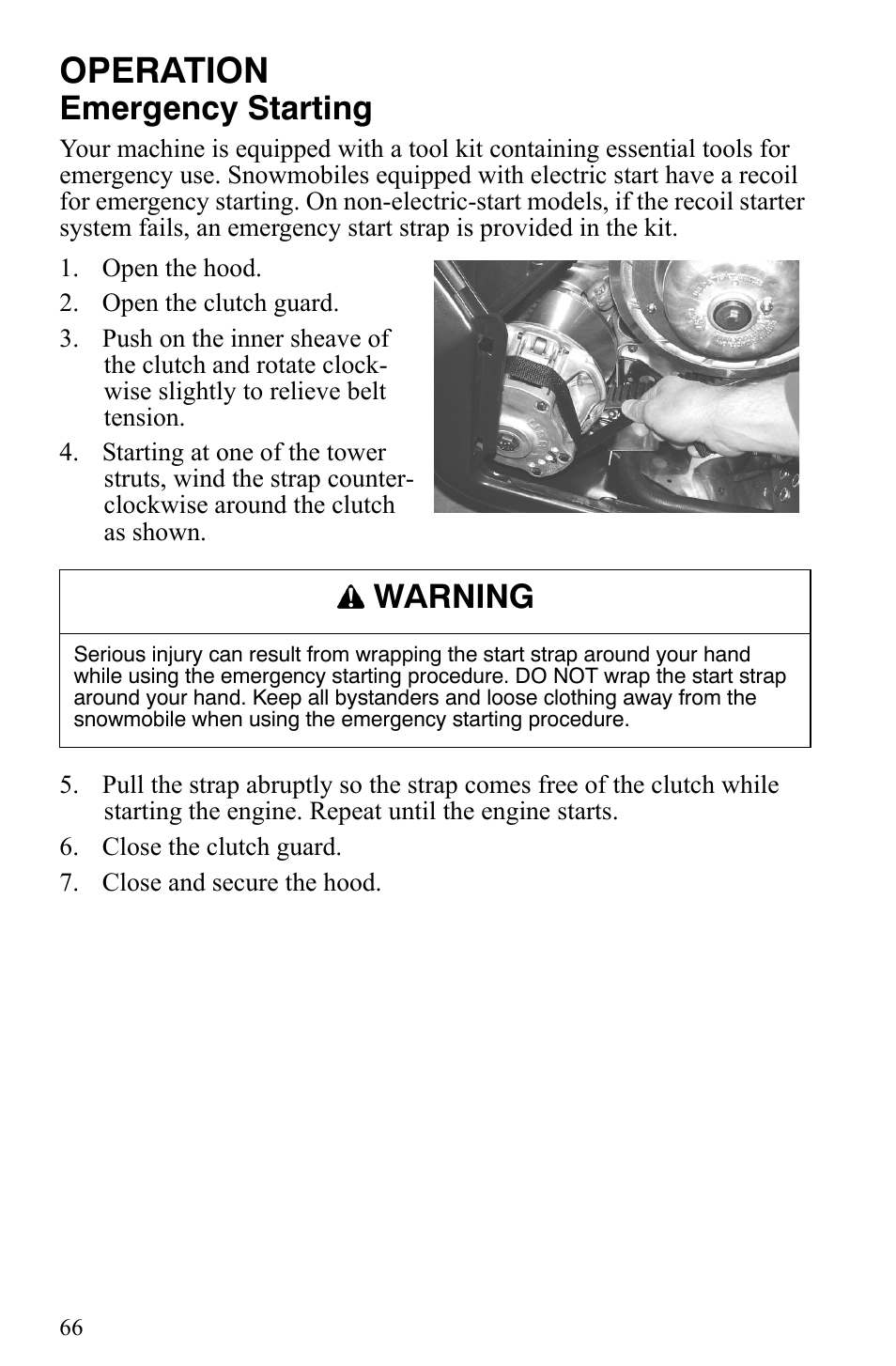 Operation, Emergency starting, Warning | Polaris 500 XC SP User Manual | Page 69 / 148