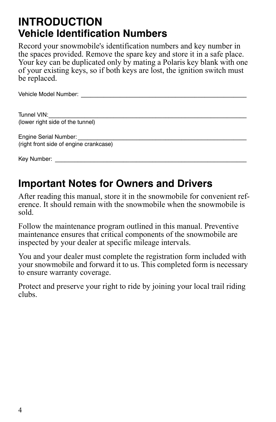 Introduction, Vehicle identification numbers | Polaris 500 XC SP User Manual | Page 7 / 148