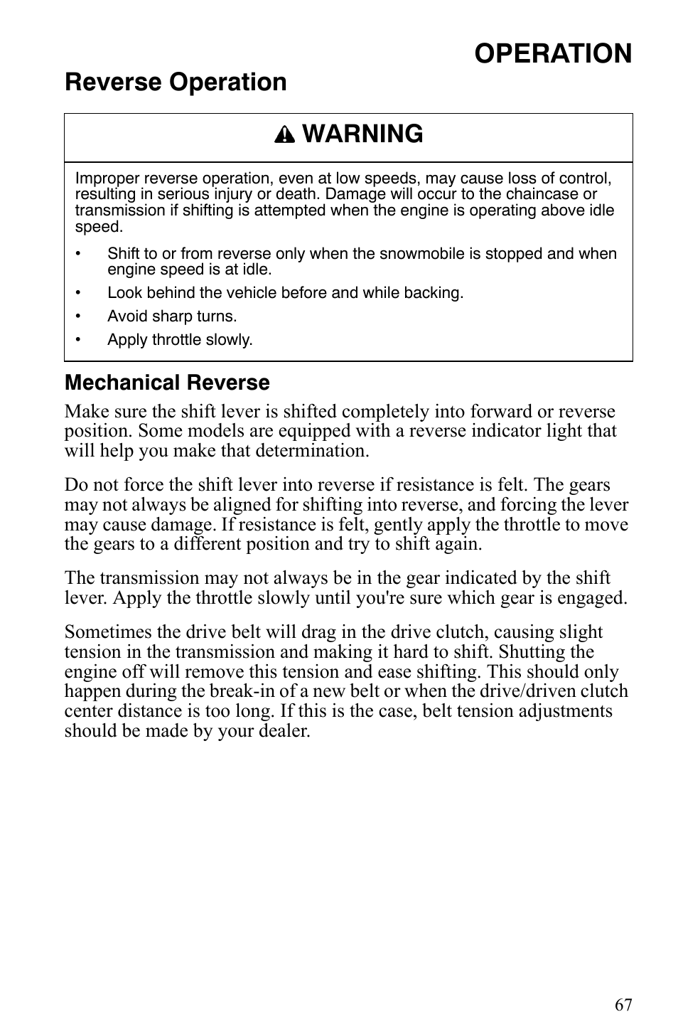 Operation, Reverse operation, Warning | Mechanical reverse | Polaris 500 XC SP User Manual | Page 70 / 148