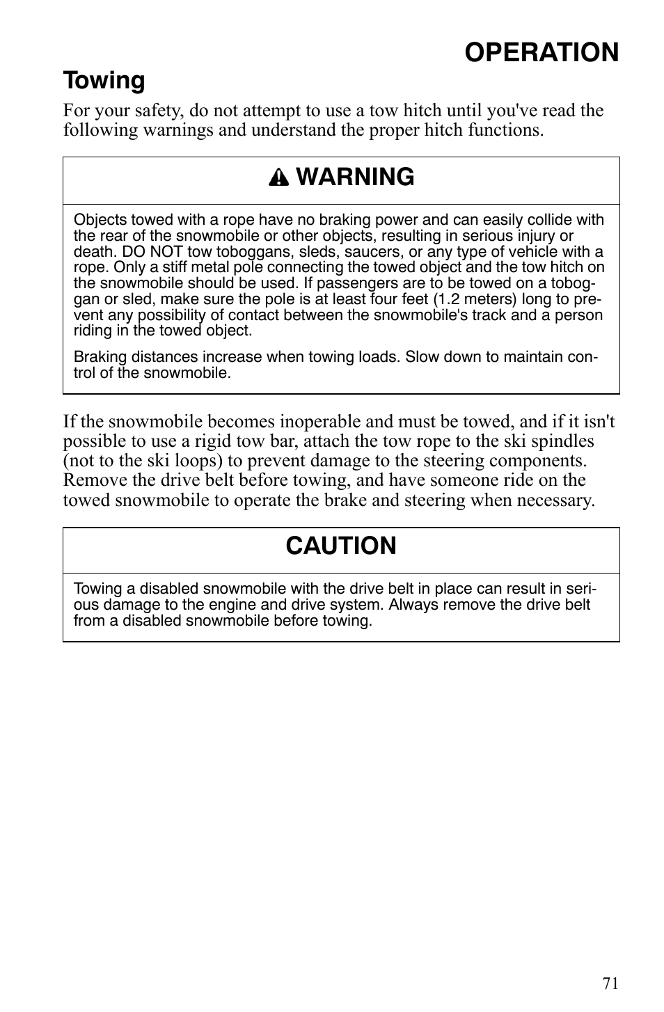 Operation, Towing, Warning | Caution | Polaris 500 XC SP User Manual | Page 74 / 148