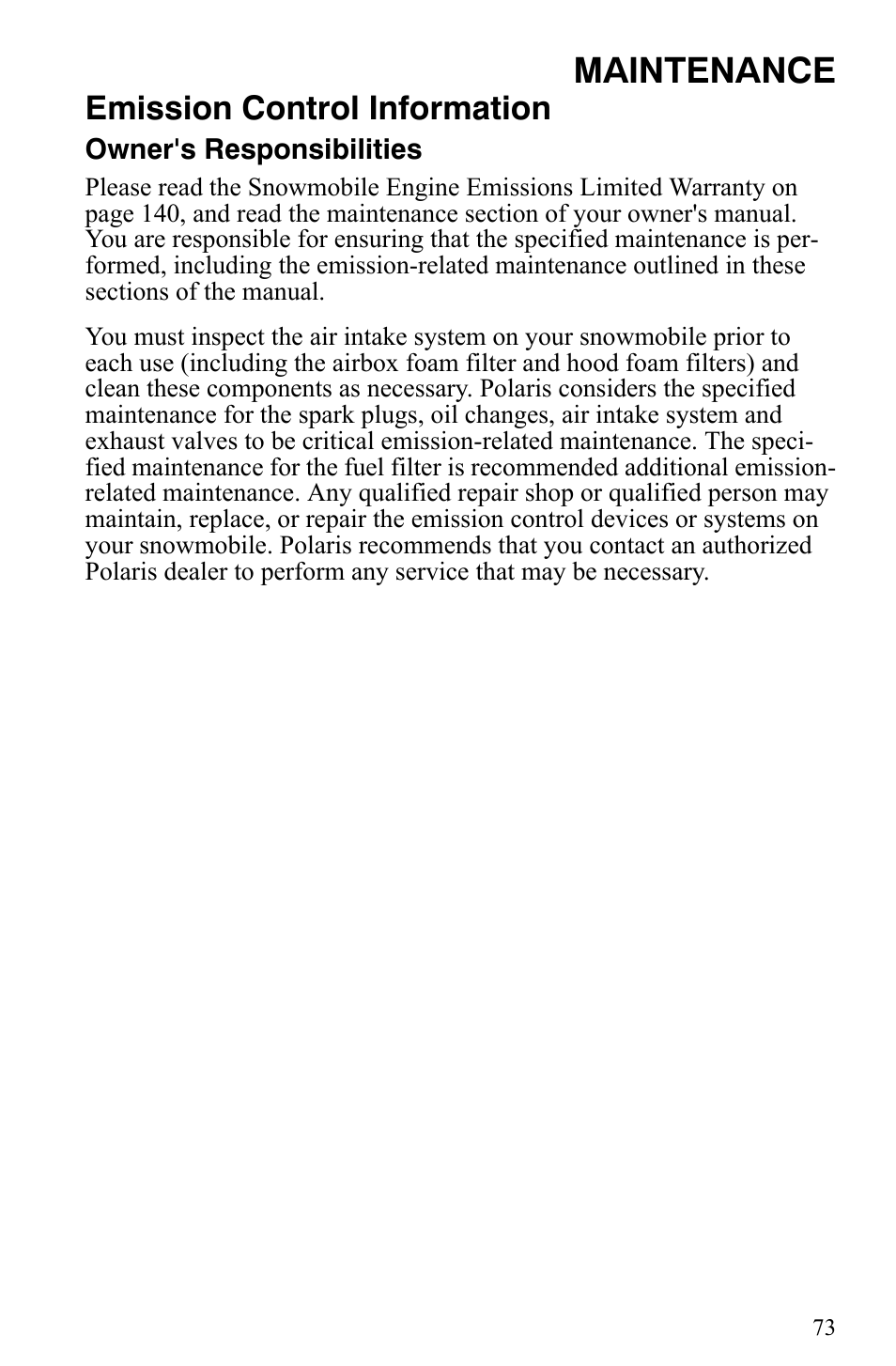 Maintenance, Emission control information | Polaris 500 XC SP User Manual | Page 76 / 148