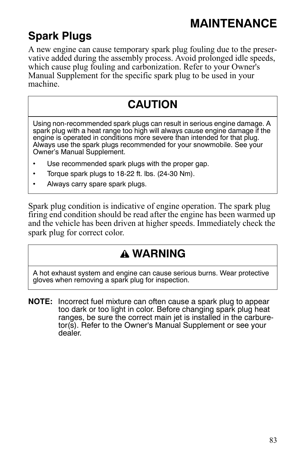 Maintenance, Spark plugs, Caution | Warning | Polaris 500 XC SP User Manual | Page 86 / 148