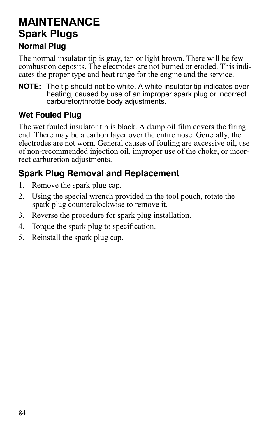 Maintenance, Spark plugs | Polaris 500 XC SP User Manual | Page 87 / 148