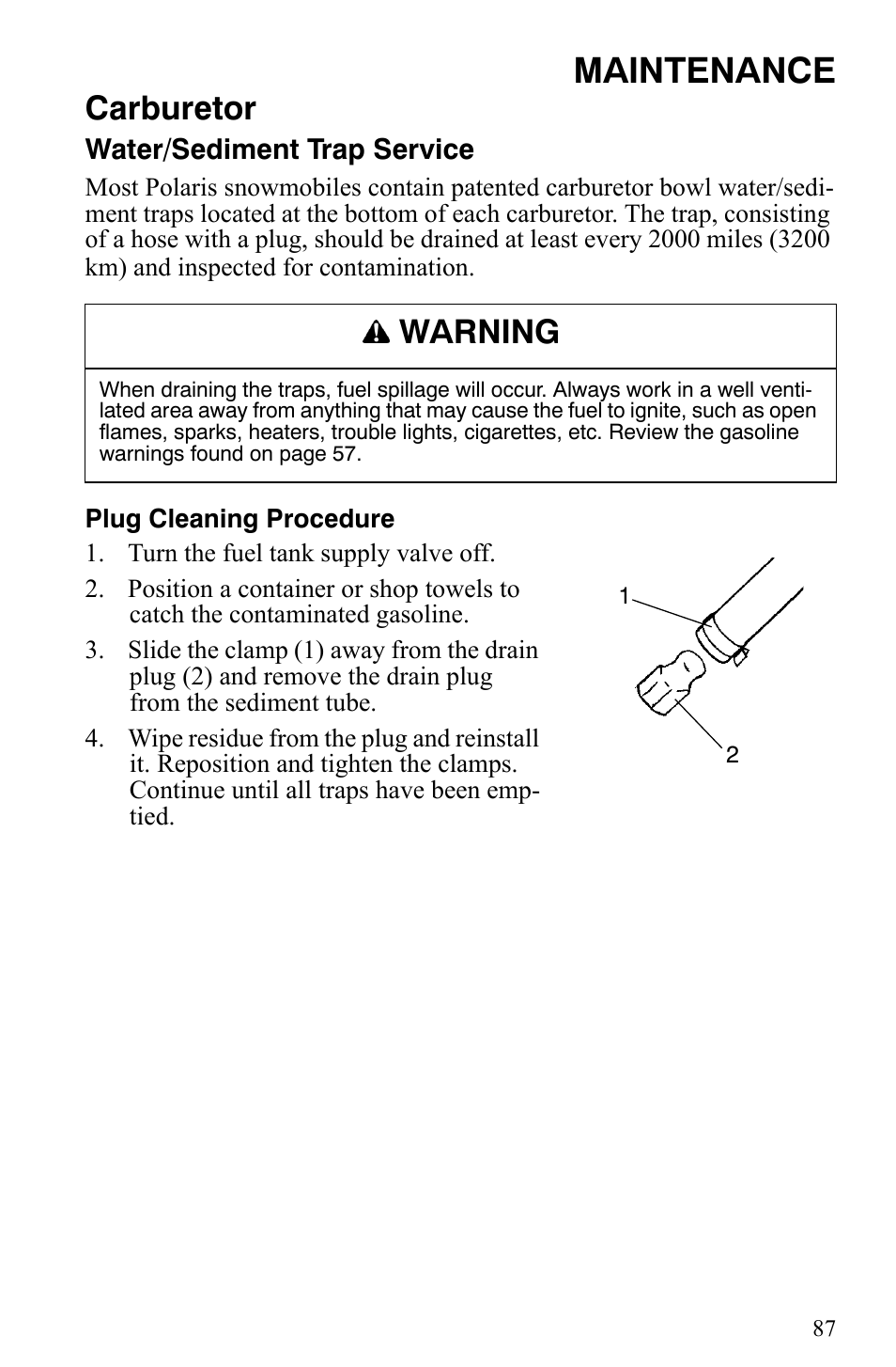 Maintenance, Carburetor, Warning | Polaris 500 XC SP User Manual | Page 90 / 148