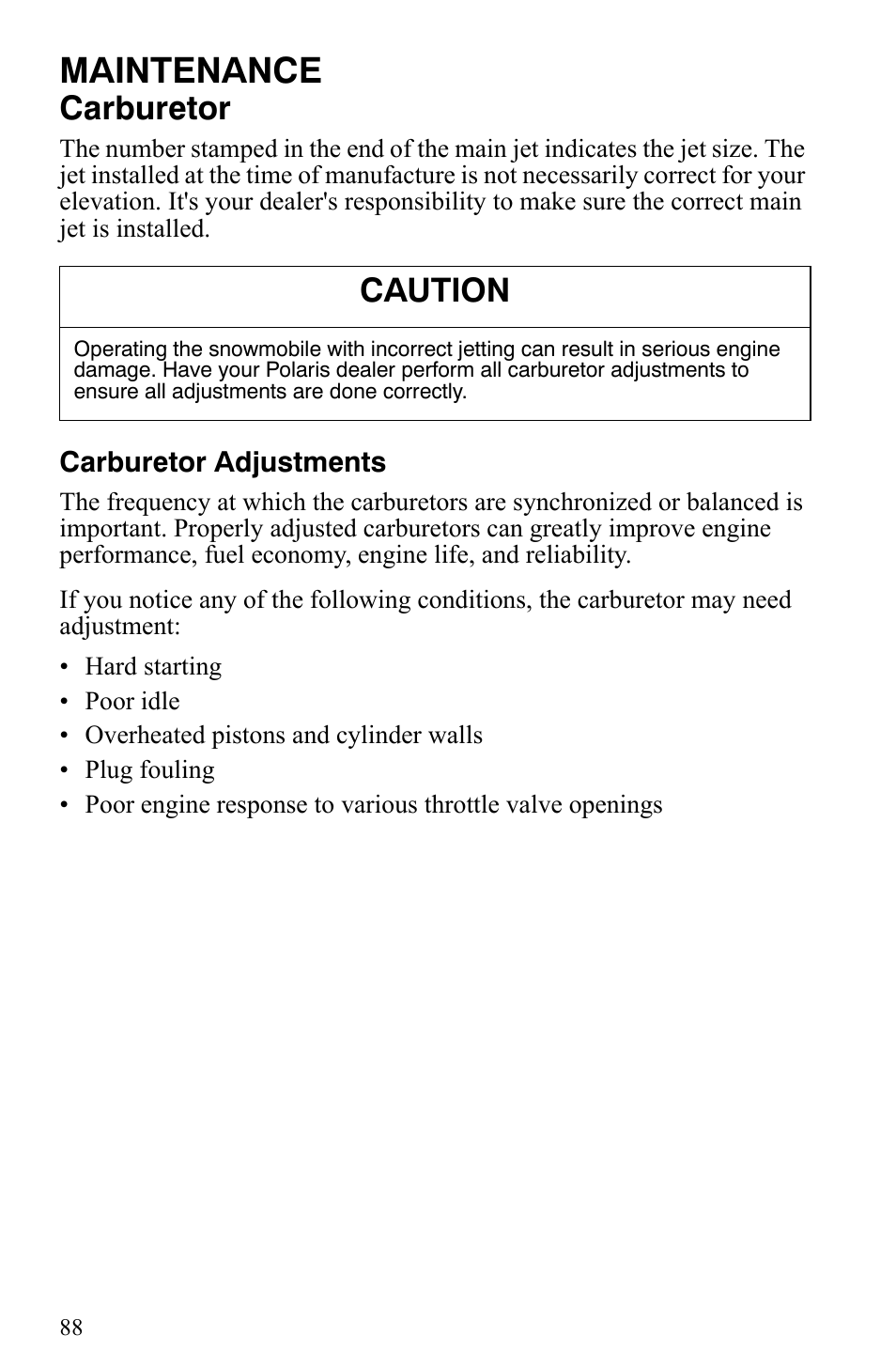 Maintenance, Carburetor, Caution | Polaris 500 XC SP User Manual | Page 91 / 148