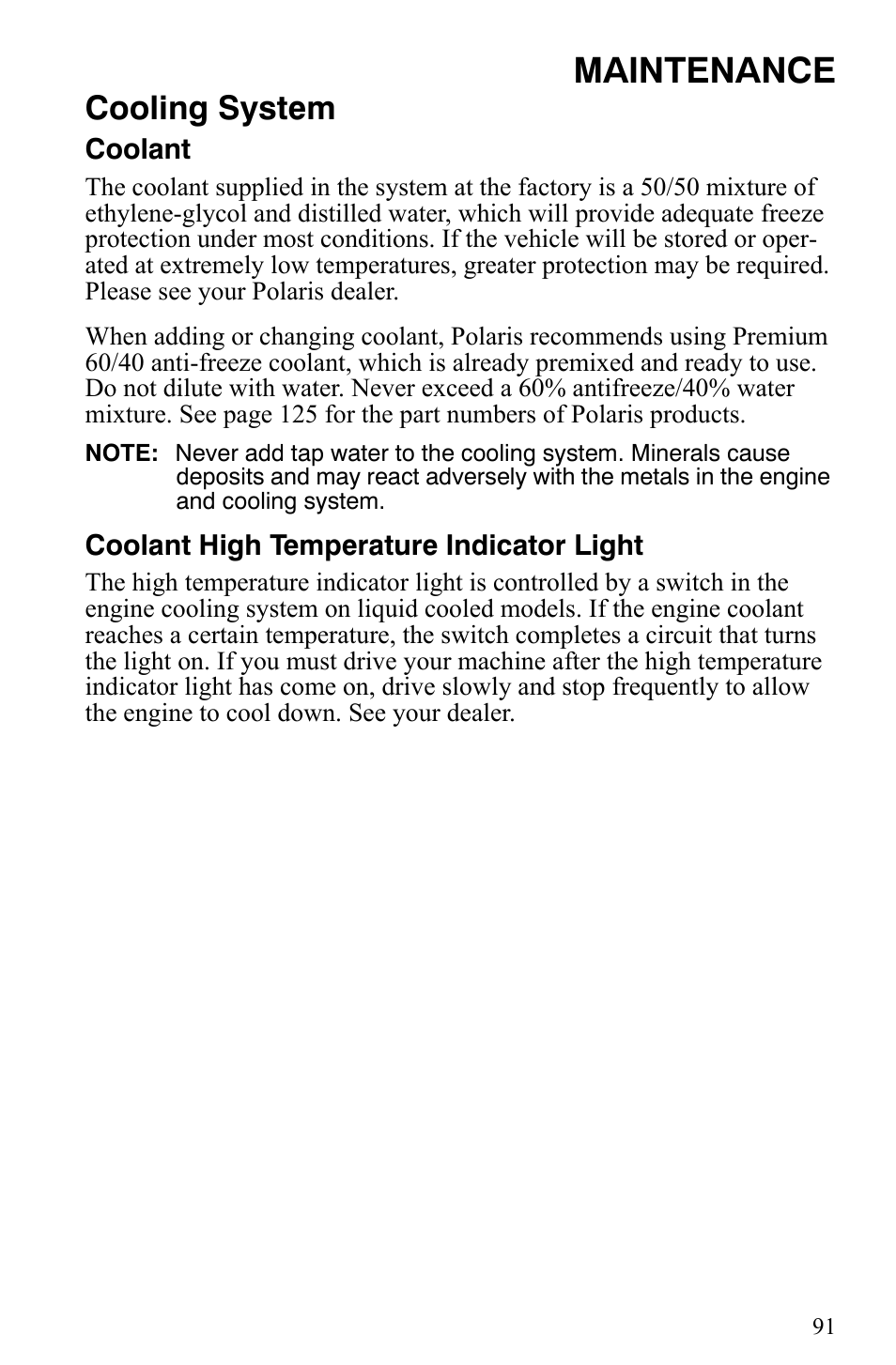 Maintenance, Cooling system | Polaris 500 XC SP User Manual | Page 94 / 148