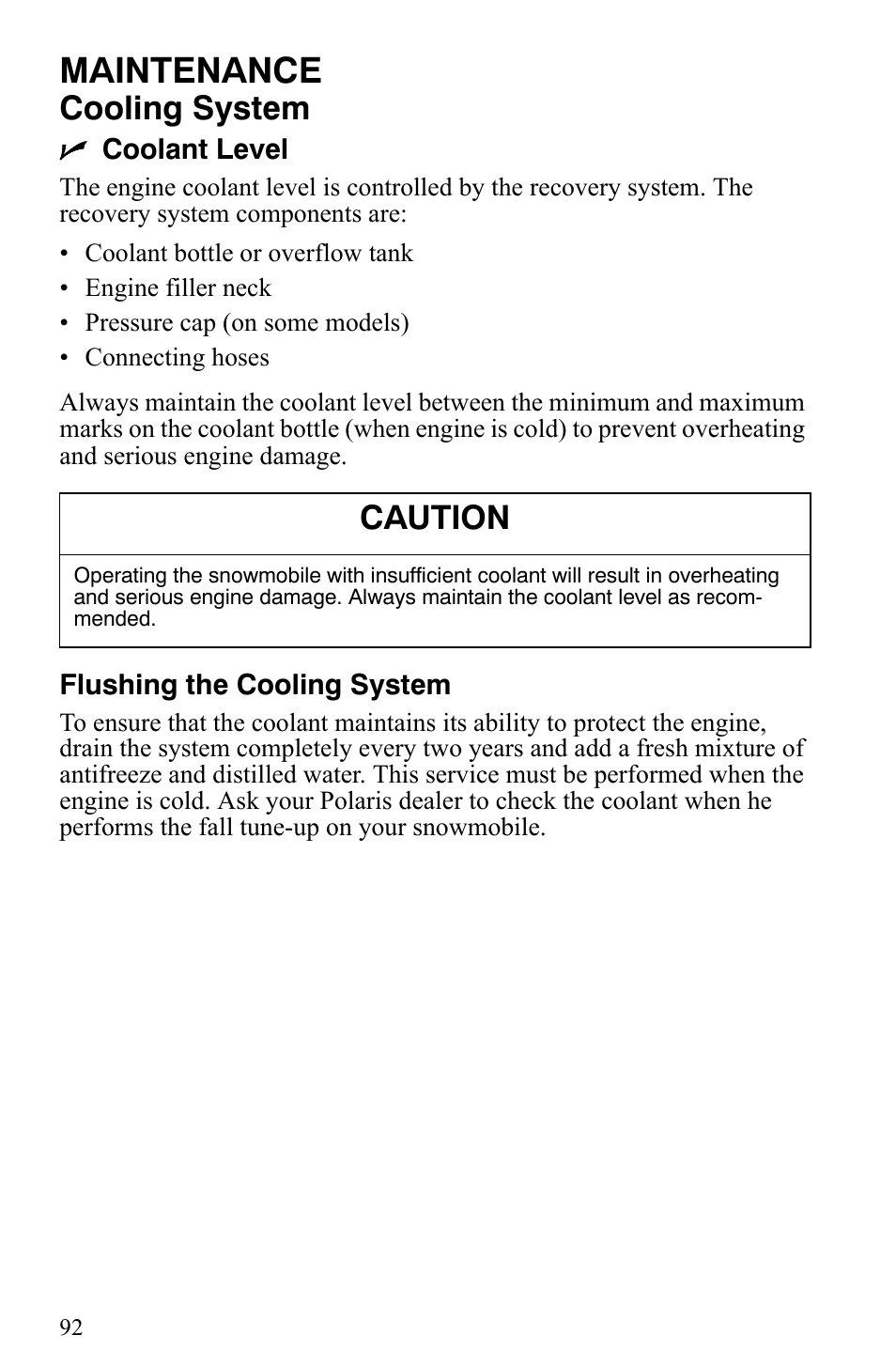 Maintenance, Cooling system, Caution | Polaris 500 XC SP User Manual | Page 95 / 148