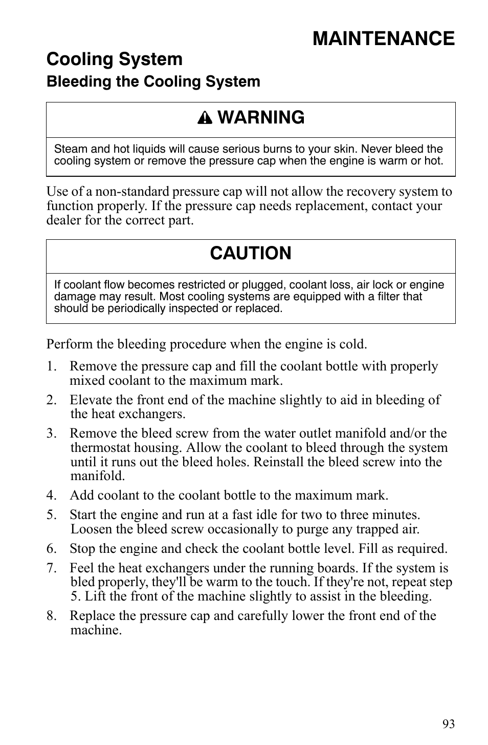 Maintenance, Cooling system, Warning | Caution | Polaris 500 XC SP User Manual | Page 96 / 148