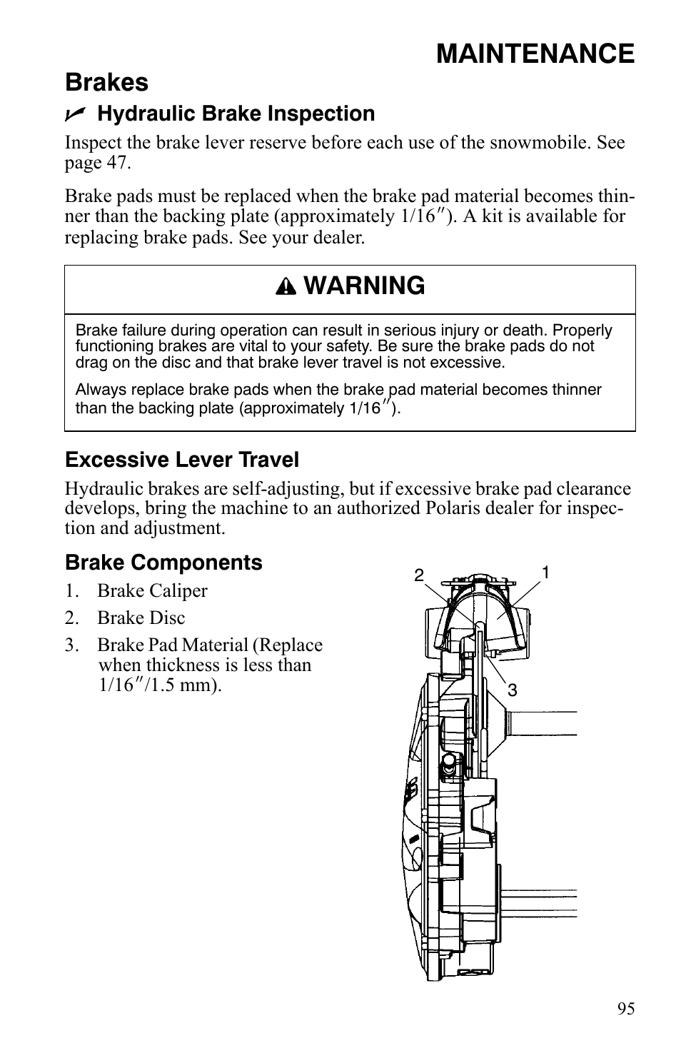 Maintenance, Brakes, Warning | Polaris 500 XC SP User Manual | Page 98 / 148