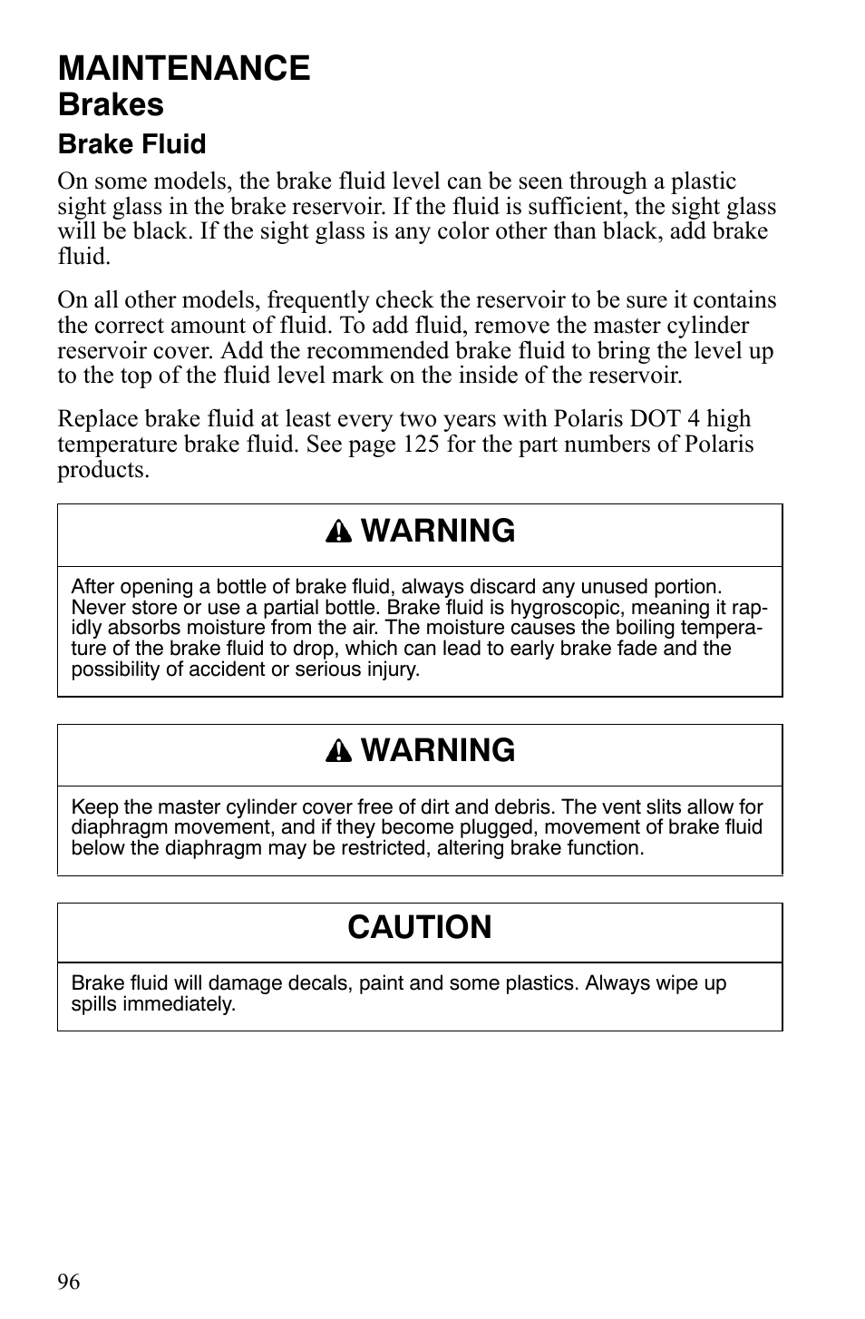 Maintenance, Brakes, Warning | Caution | Polaris 500 XC SP User Manual | Page 99 / 148