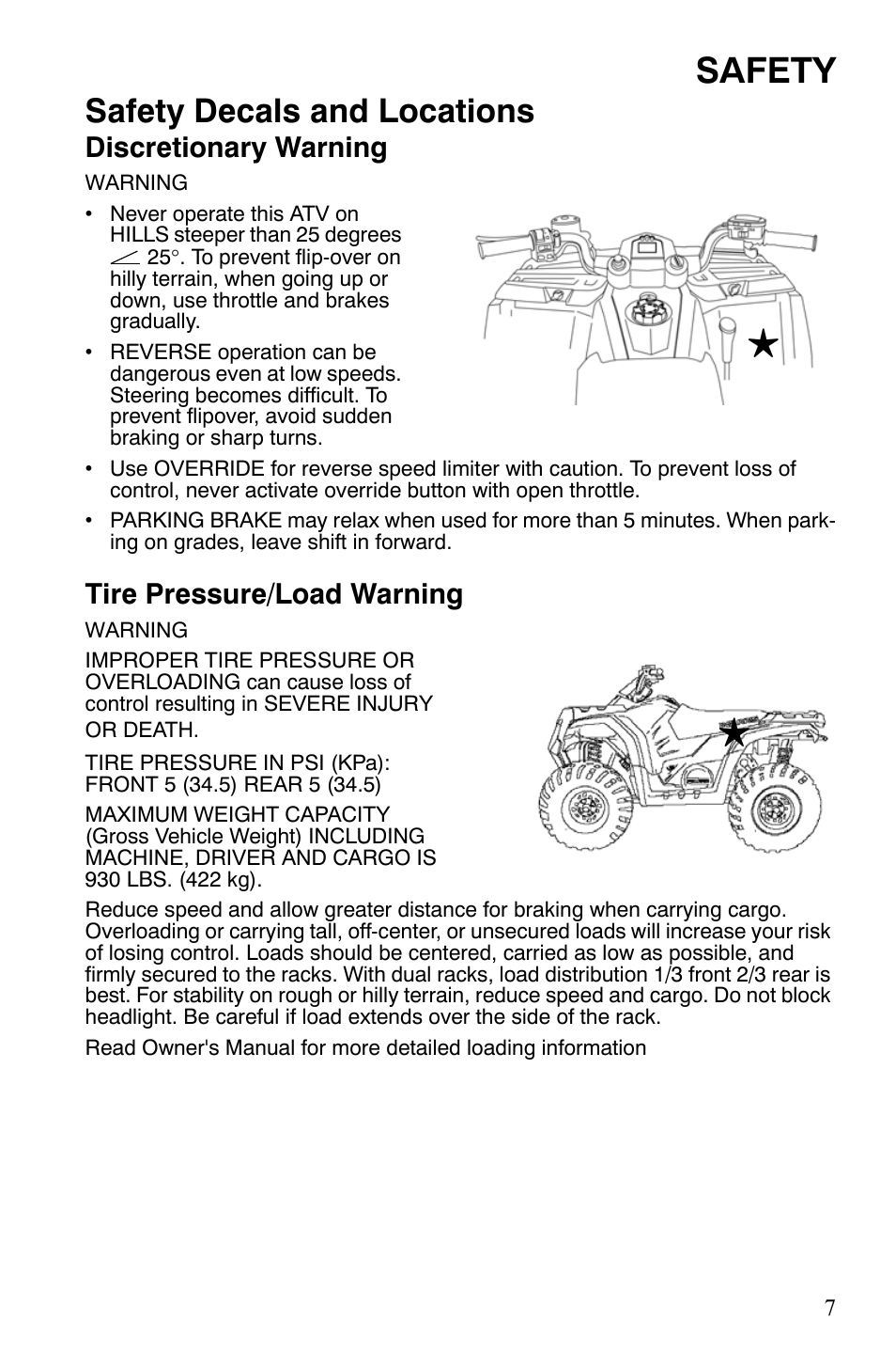 Safety, Safety decals and locations, Discretionary warning | Tire pressure/load warning | Polaris Hawkeye 9920787 User Manual | Page 10 / 141