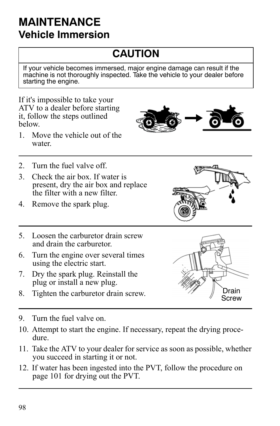 Maintenance, Vehicle immersion, Caution | Polaris Hawkeye 9920787 User Manual | Page 101 / 141