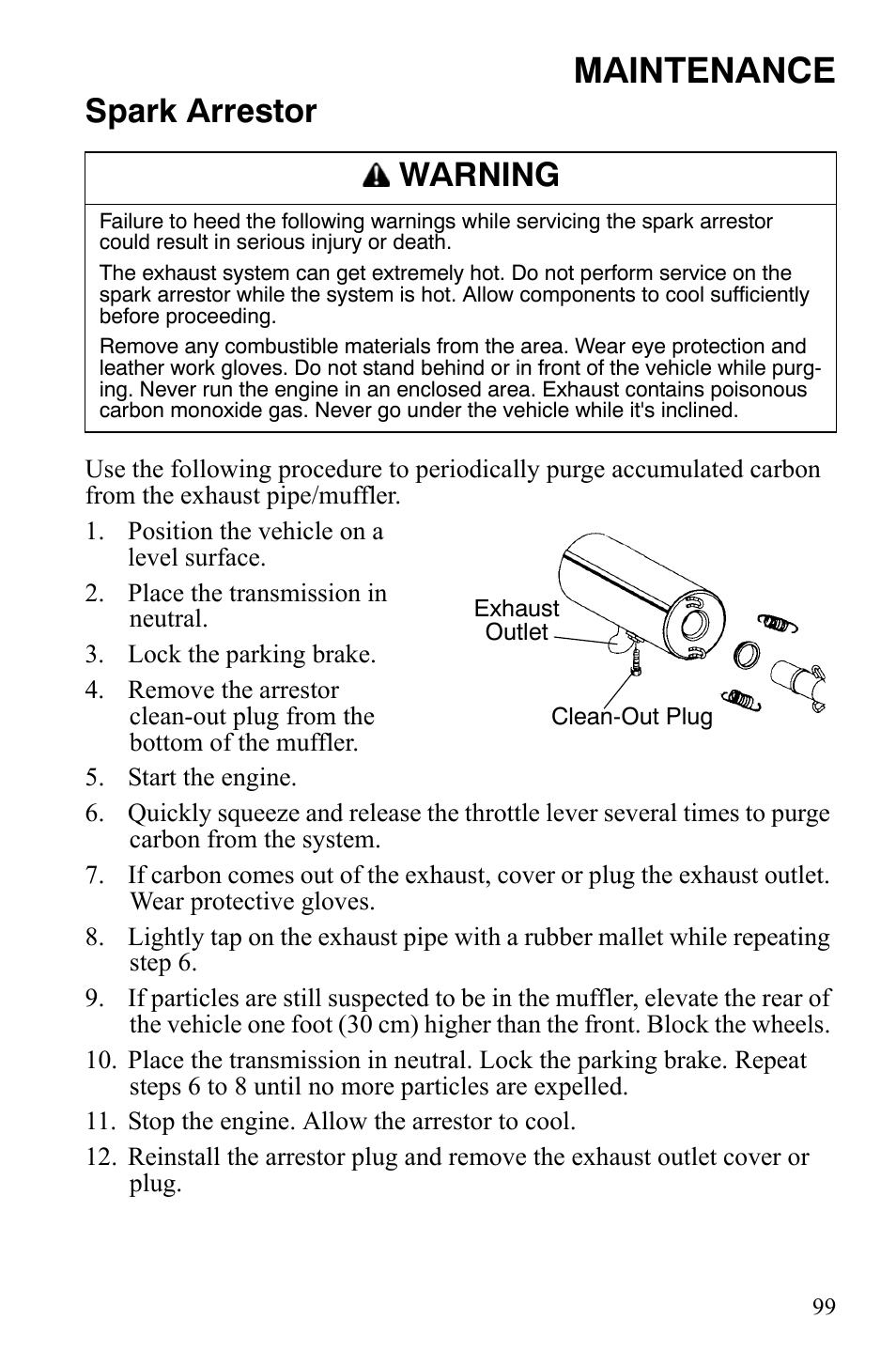 Maintenance, Spark arrestor, Warning | Polaris Hawkeye 9920787 User Manual | Page 102 / 141