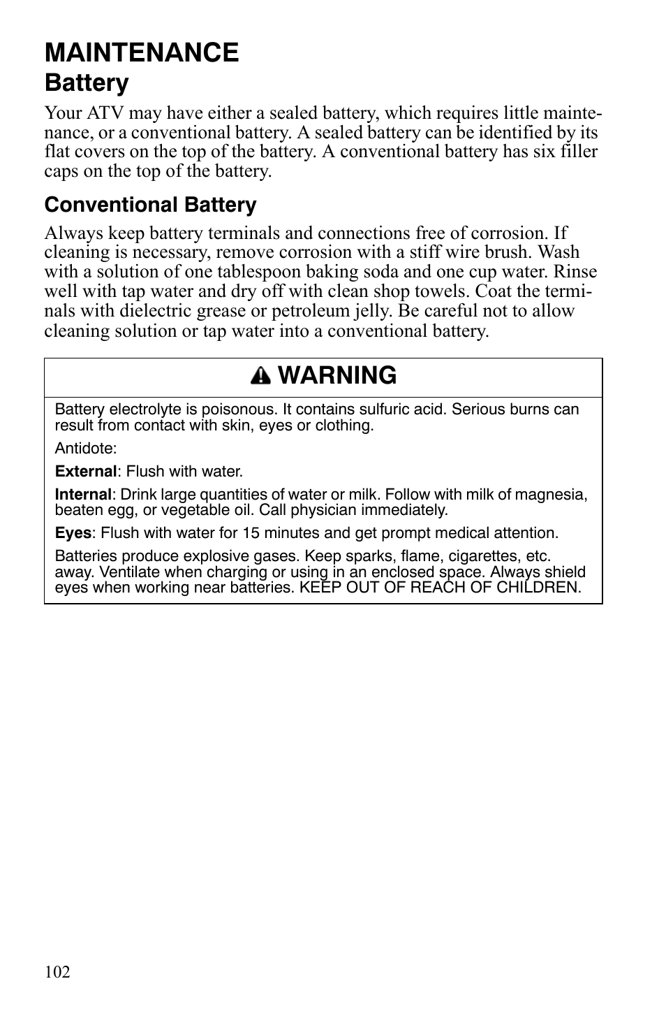 Maintenance, Battery, Warning | Polaris Hawkeye 9920787 User Manual | Page 105 / 141