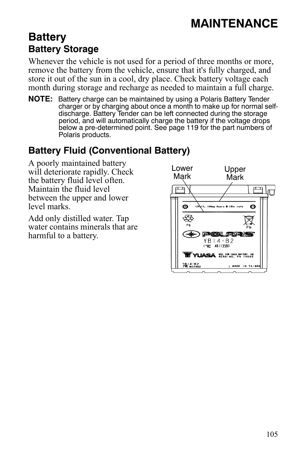 Maintenance, Battery, Battery storage | Battery fluid (conventional battery) | Polaris Hawkeye 9920787 User Manual | Page 108 / 141