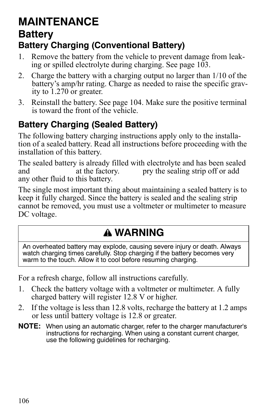 Maintenance, Battery, Warning | Polaris Hawkeye 9920787 User Manual | Page 109 / 141