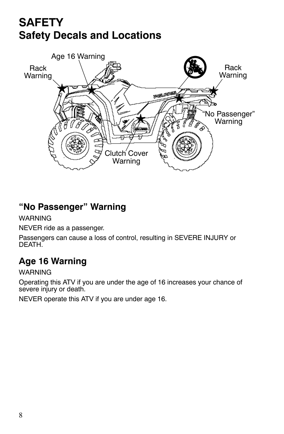 Safety, Safety decals and locations | Polaris Hawkeye 9920787 User Manual | Page 11 / 141