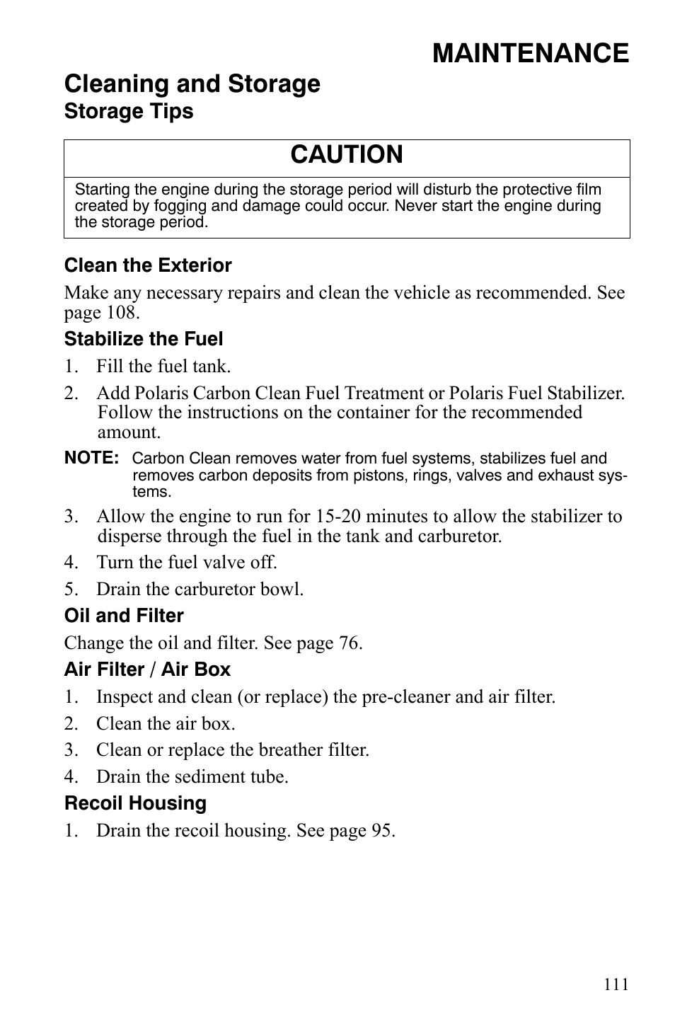 Maintenance, Cleaning and storage, Caution | Polaris Hawkeye 9920787 User Manual | Page 114 / 141