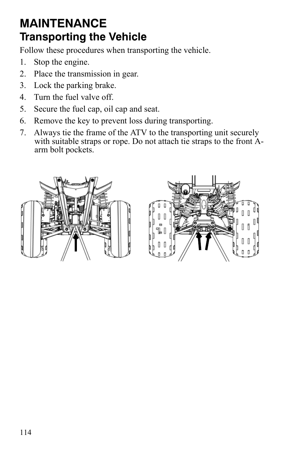 Maintenance, Transporting the vehicle | Polaris Hawkeye 9920787 User Manual | Page 117 / 141