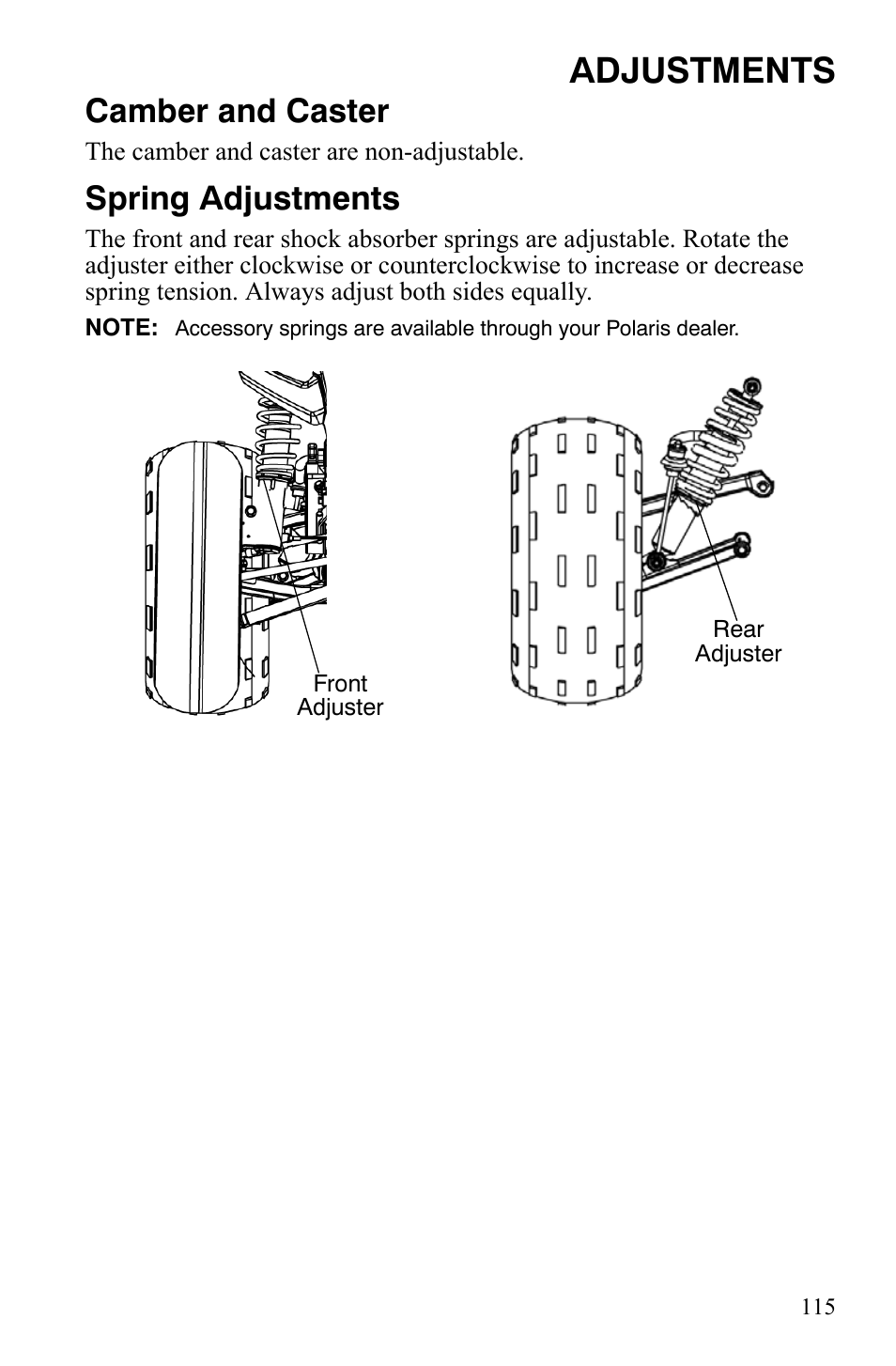 Adjustments, Camber and caster, Spring adjustments | Polaris Hawkeye 9920787 User Manual | Page 118 / 141