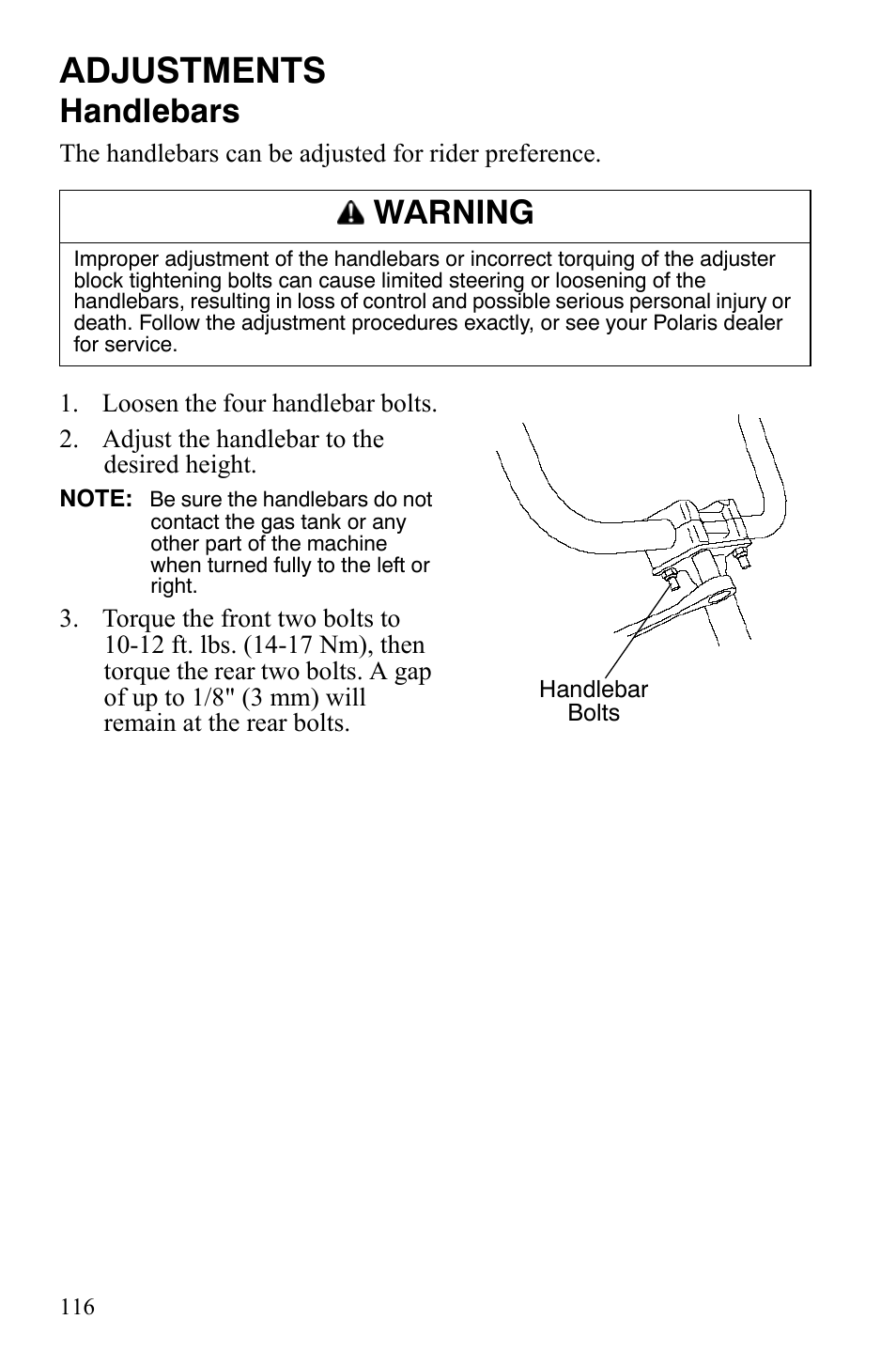 Adjustments, Handlebars, Warning | Polaris Hawkeye 9920787 User Manual | Page 119 / 141