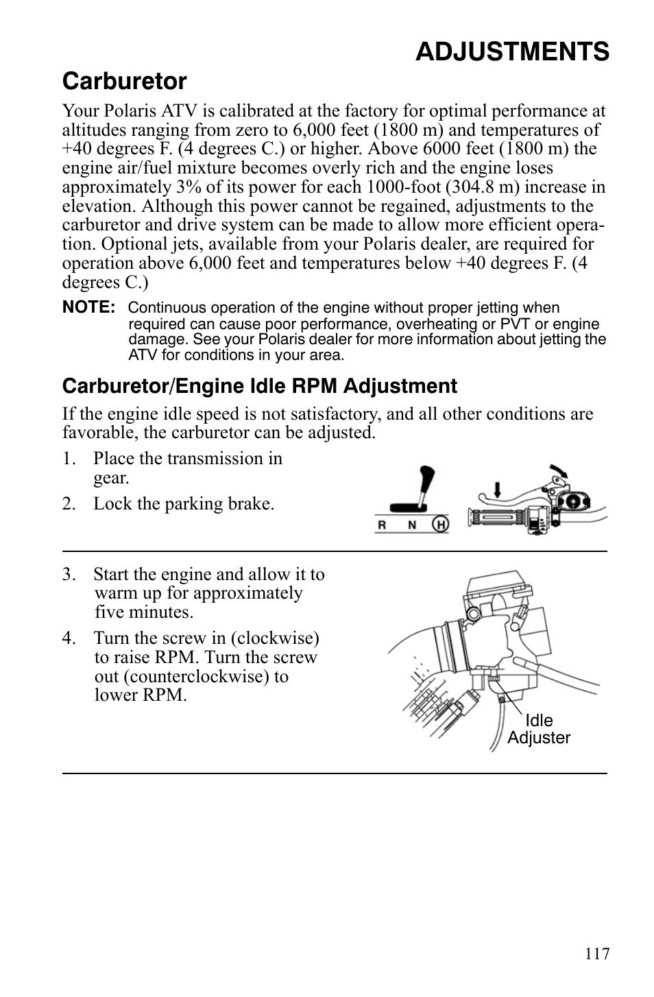 Adjustments, Carburetor | Polaris Hawkeye 9920787 User Manual | Page 120 / 141