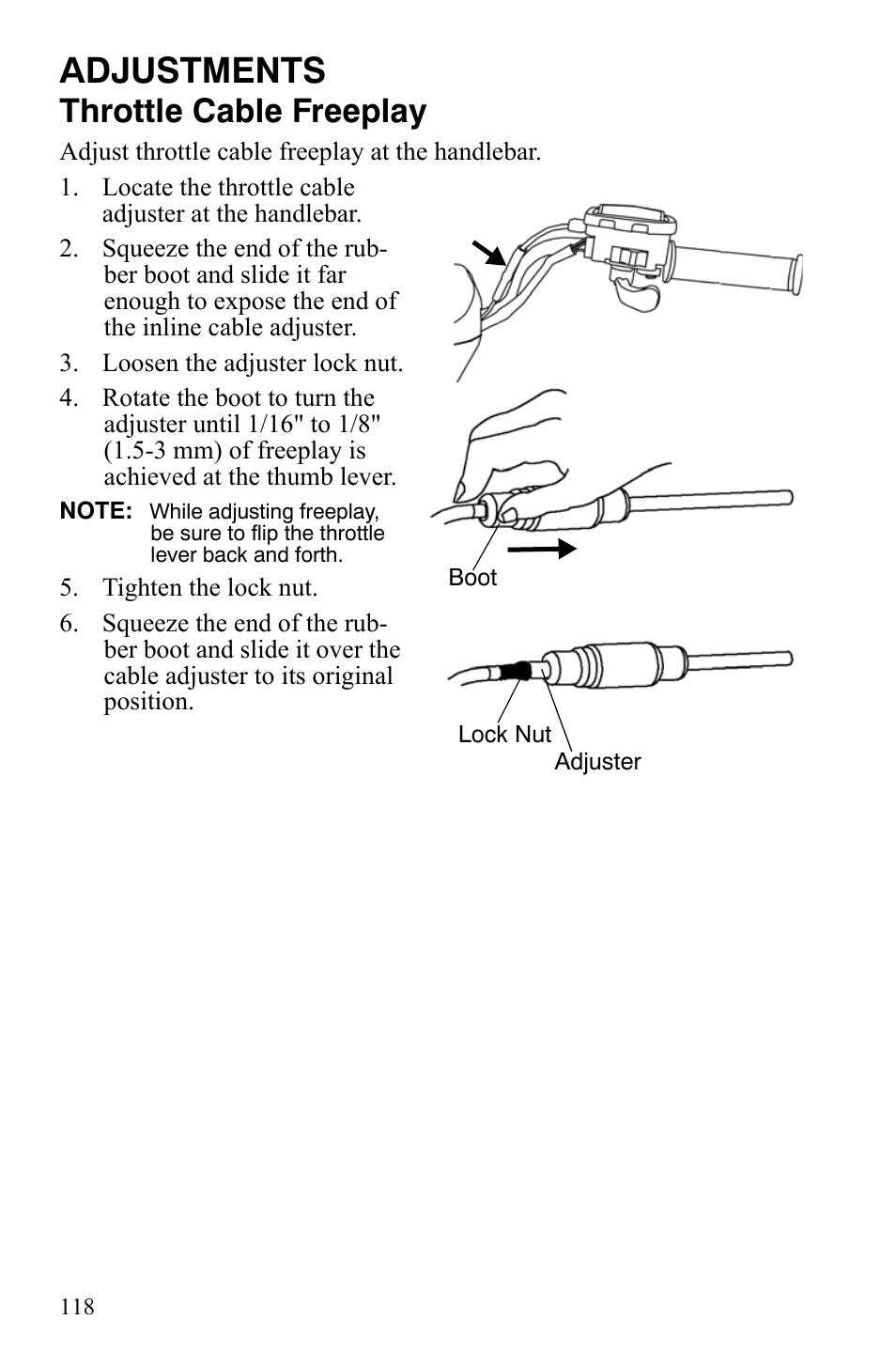 Adjustments, Throttle cable freeplay | Polaris Hawkeye 9920787 User Manual | Page 121 / 141