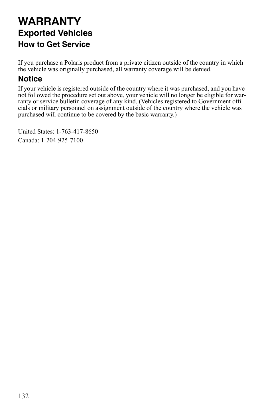 Warranty, Exported vehicles | Polaris Hawkeye 9920787 User Manual | Page 135 / 141