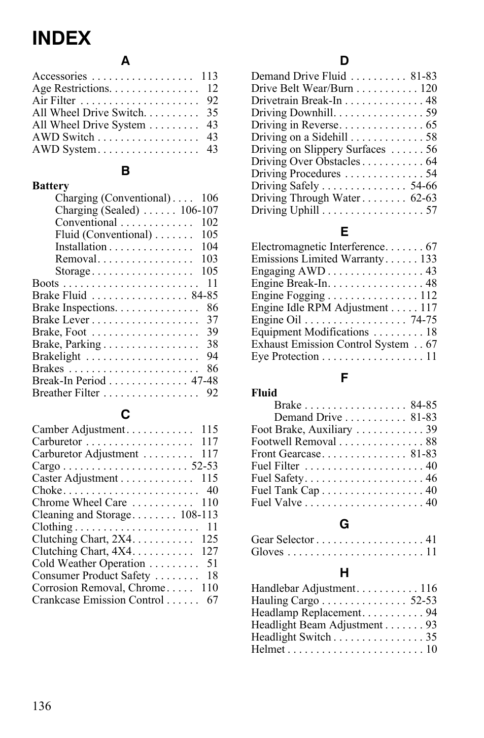 Index | Polaris Hawkeye 9920787 User Manual | Page 140 / 141