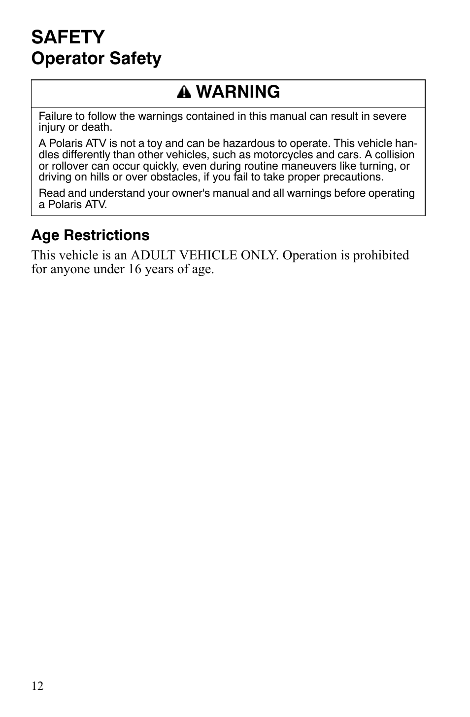 Safety, Operator safety, Warning | Polaris Hawkeye 9920787 User Manual | Page 15 / 141