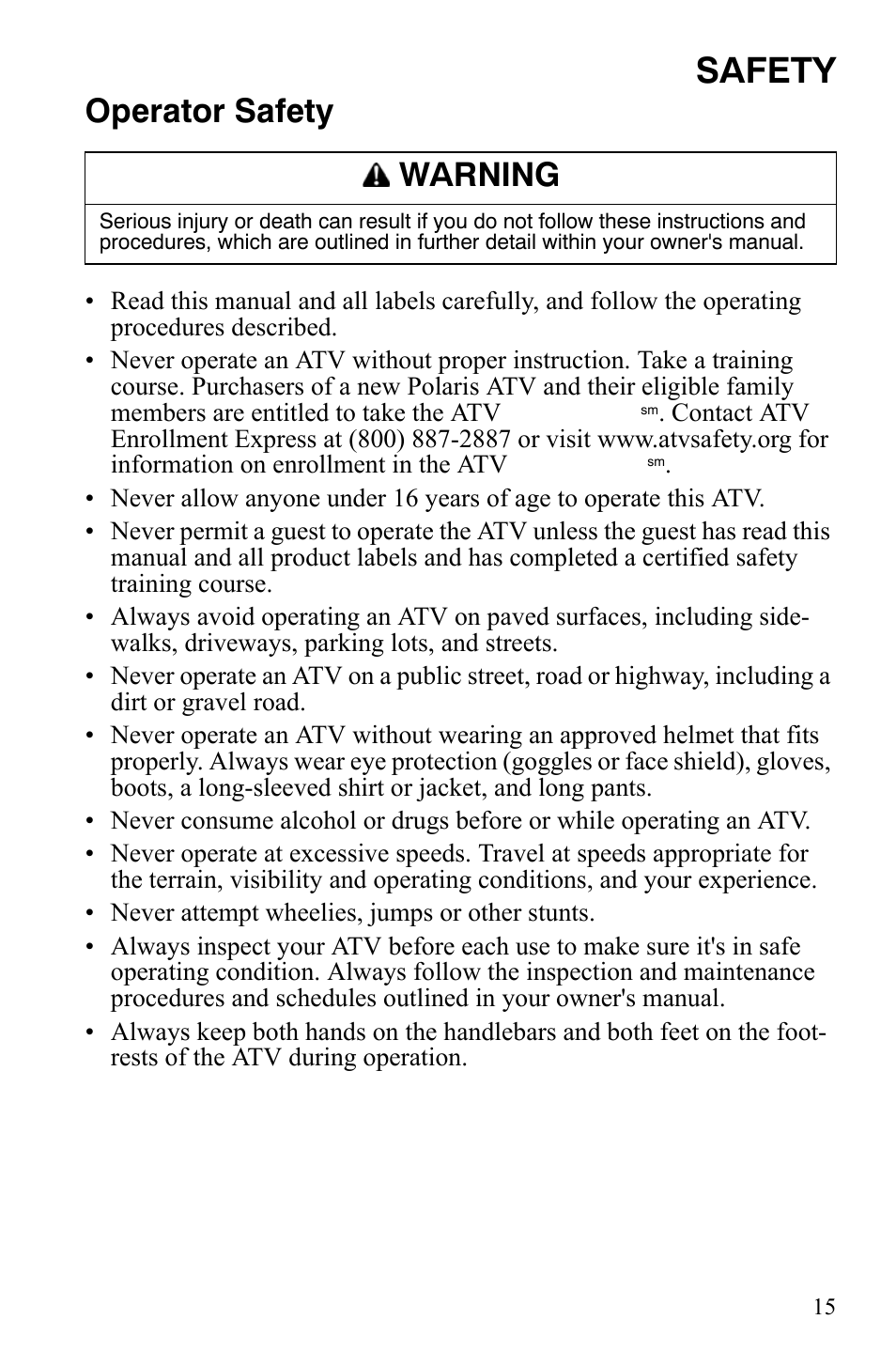 Safety, Operator safety, Warning | Polaris Hawkeye 9920787 User Manual | Page 18 / 141