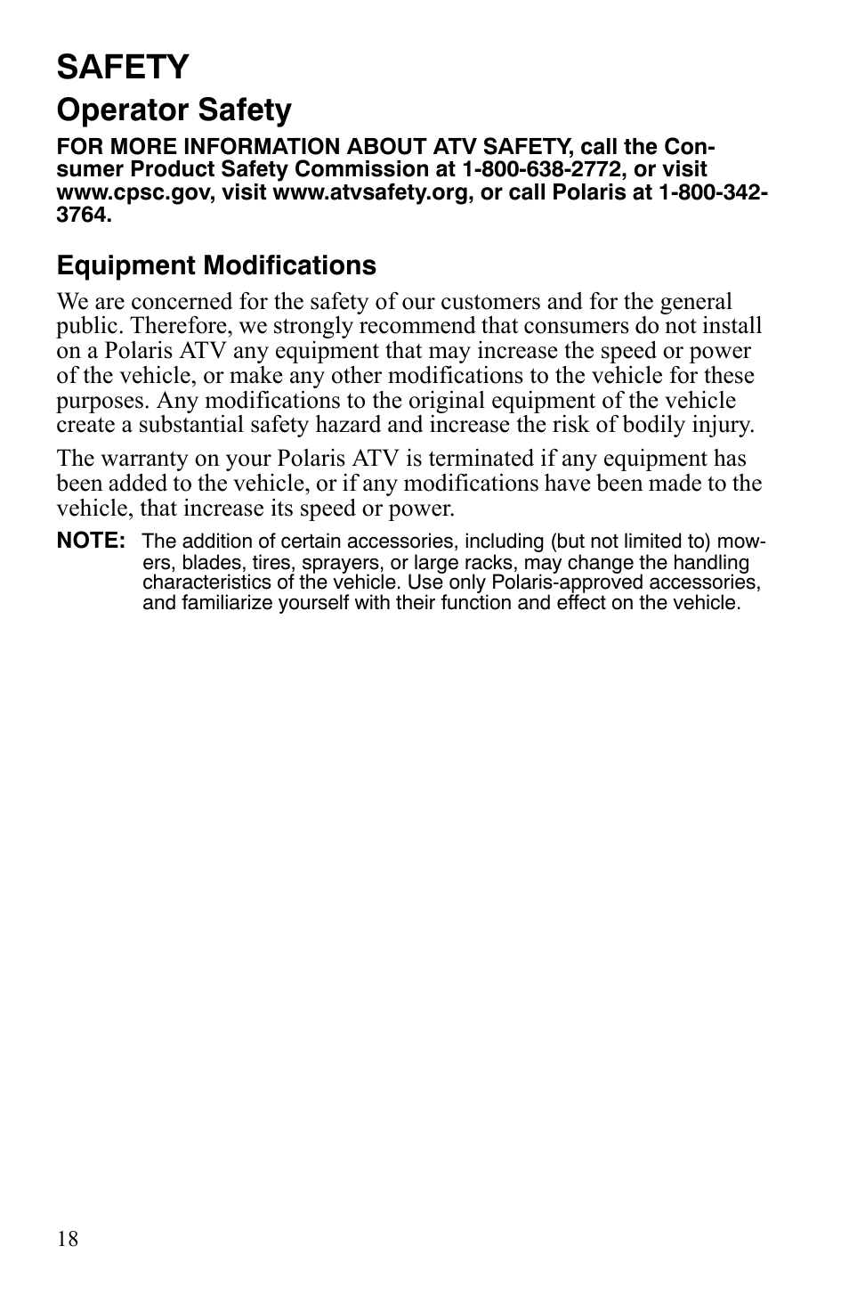 Safety, Operator safety, Equipment modifications | Polaris Hawkeye 9920787 User Manual | Page 21 / 141