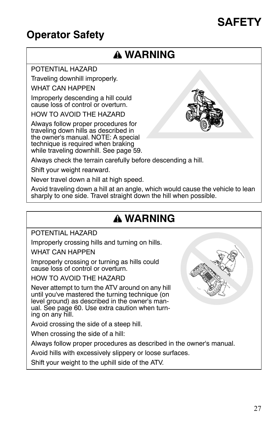 Safety, Operator safety warning, Warning | Polaris Hawkeye 9920787 User Manual | Page 30 / 141