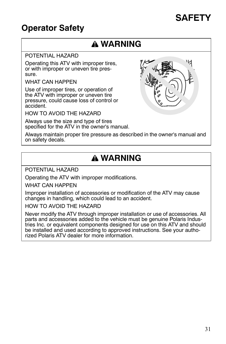 Safety, Operator safety warning, Warning | Polaris Hawkeye 9920787 User Manual | Page 34 / 141