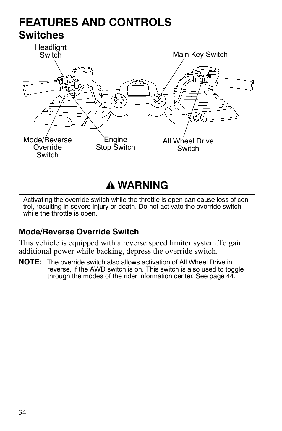 Features and controls, Switches, Warning | Polaris Hawkeye 9920787 User Manual | Page 37 / 141