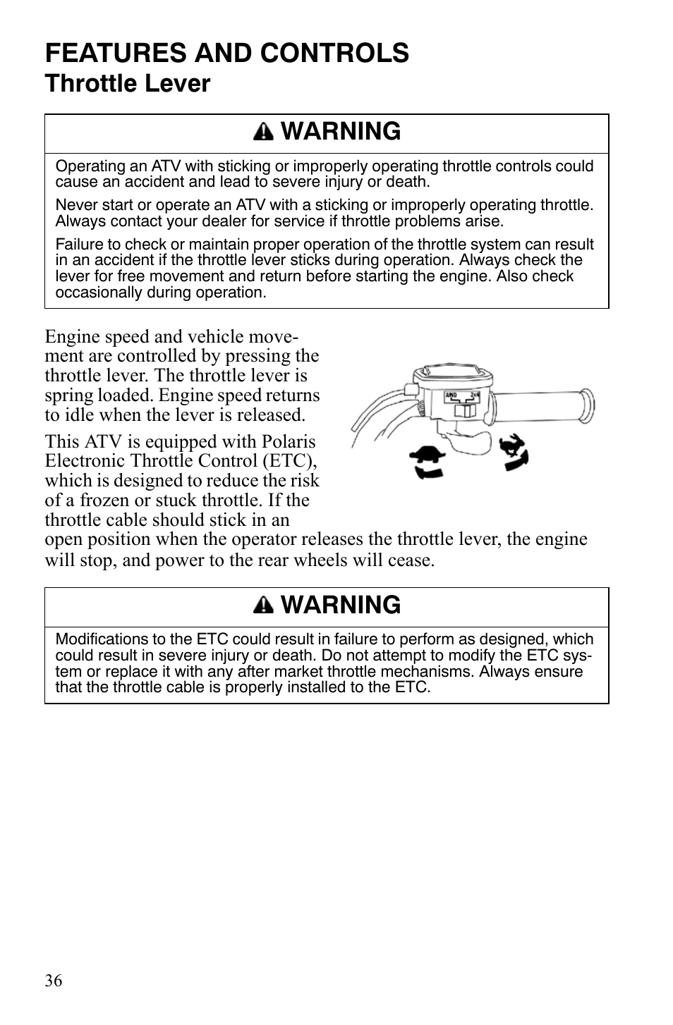 Features and controls, Throttle lever, Warning | Polaris Hawkeye 9920787 User Manual | Page 39 / 141