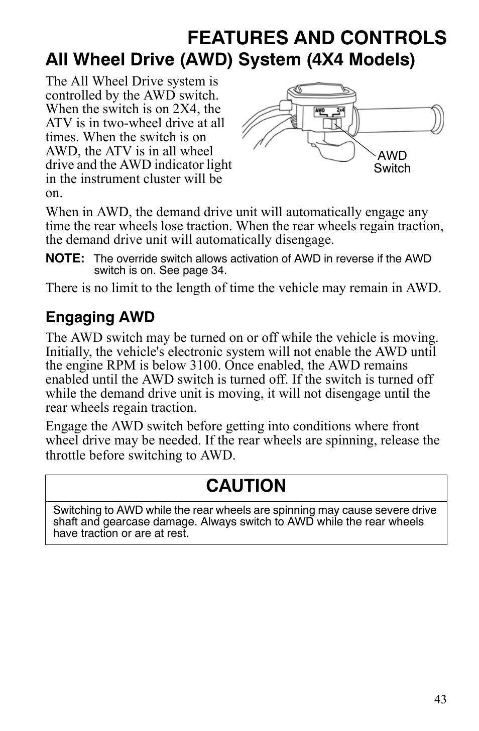 Features and controls, All wheel drive (awd) system (4x4 models), Caution | Polaris Hawkeye 9920787 User Manual | Page 46 / 141