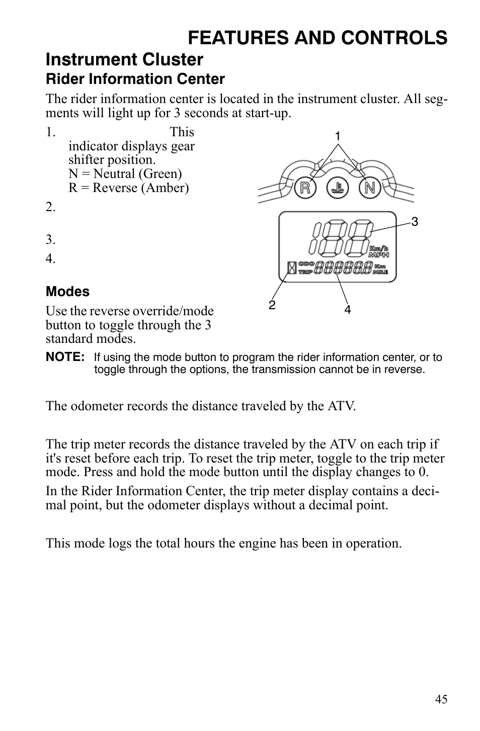 Features and controls, Instrument cluster | Polaris Hawkeye 9920787 User Manual | Page 48 / 141