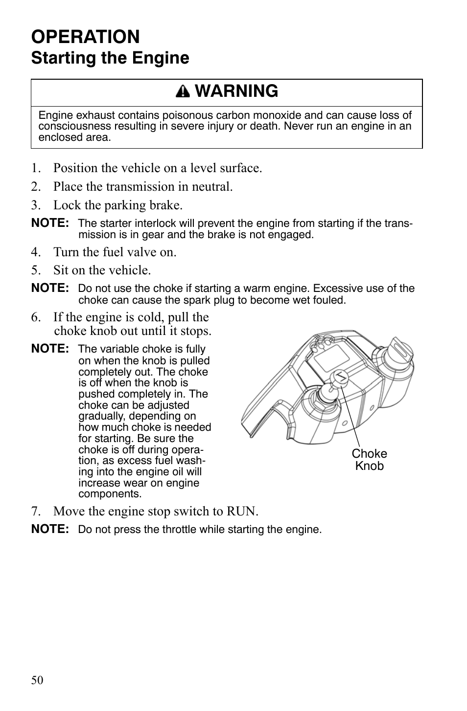 Operation, Starting the engine, Warning | Polaris Hawkeye 9920787 User Manual | Page 53 / 141