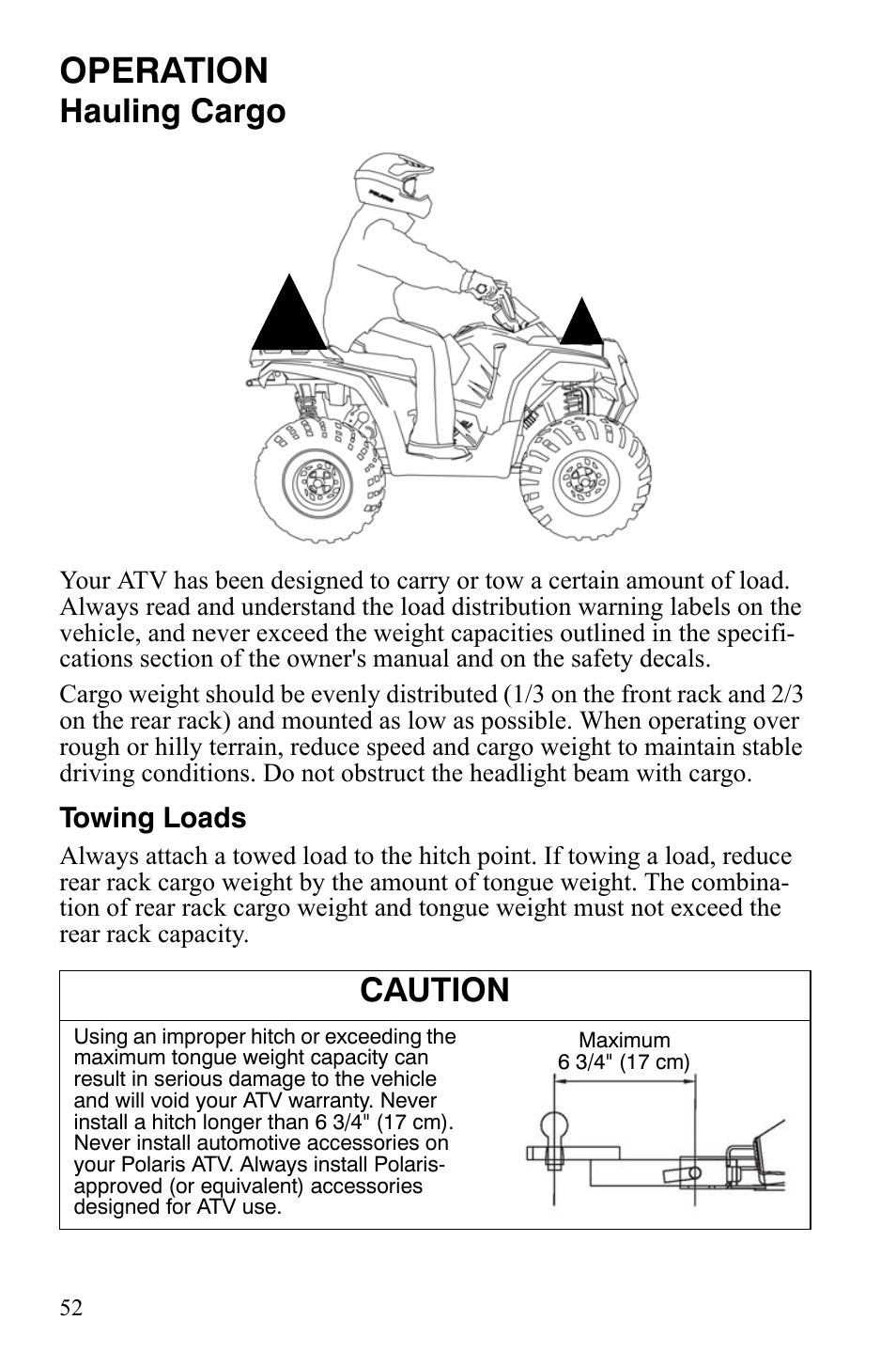 Operation, Hauling cargo, Caution | Polaris Hawkeye 9920787 User Manual | Page 55 / 141