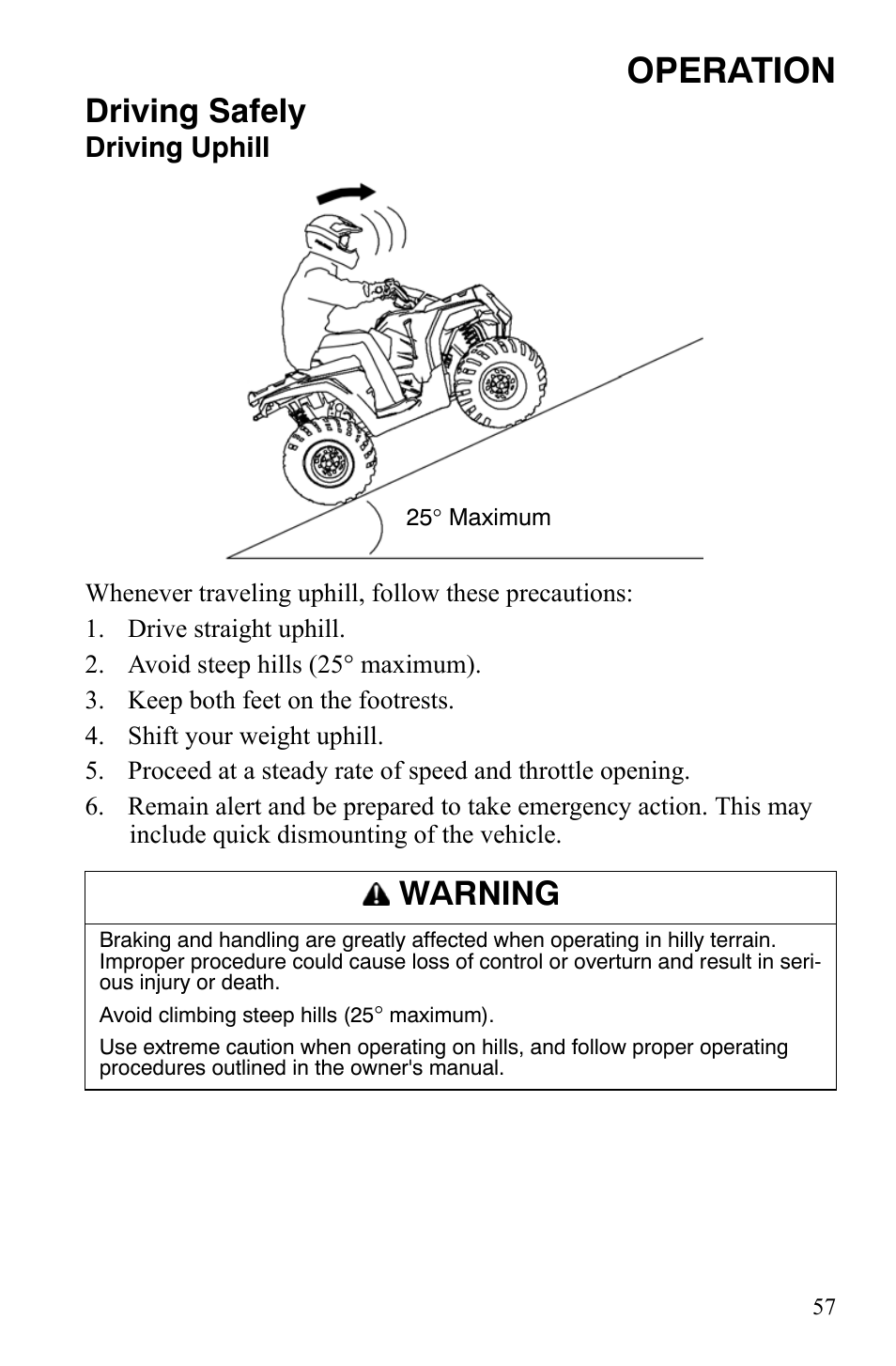 Operation, Driving safely, Warning | Driving uphill | Polaris Hawkeye 9920787 User Manual | Page 60 / 141