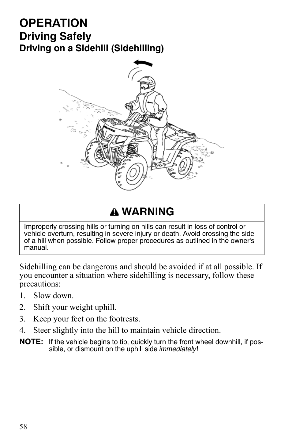 Operation, Driving safely, Warning | Polaris Hawkeye 9920787 User Manual | Page 61 / 141