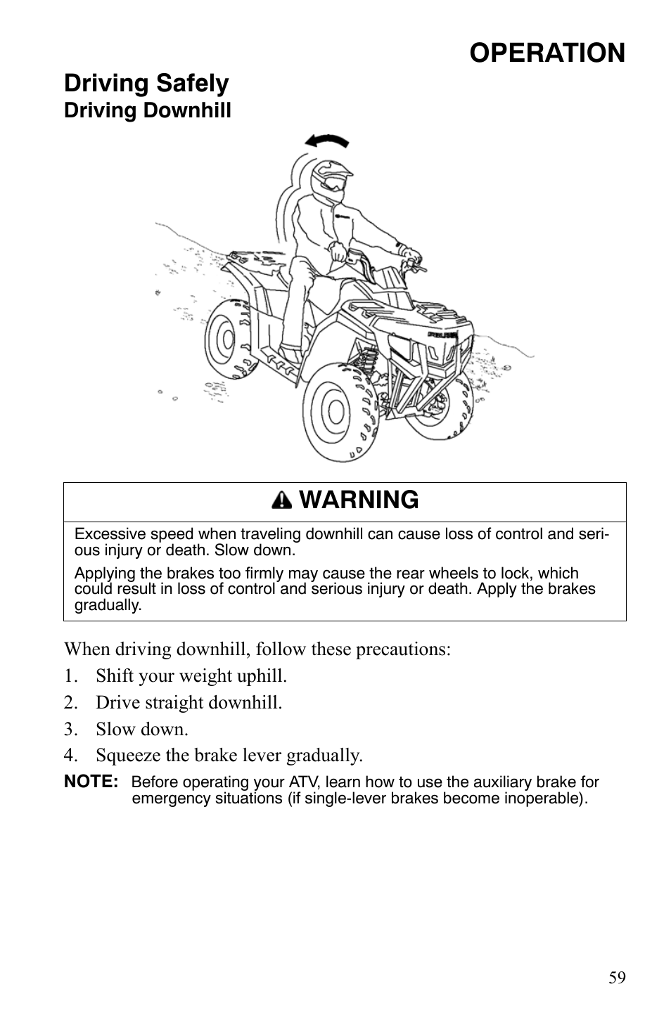 Operation, Driving safely, Warning | Polaris Hawkeye 9920787 User Manual | Page 62 / 141