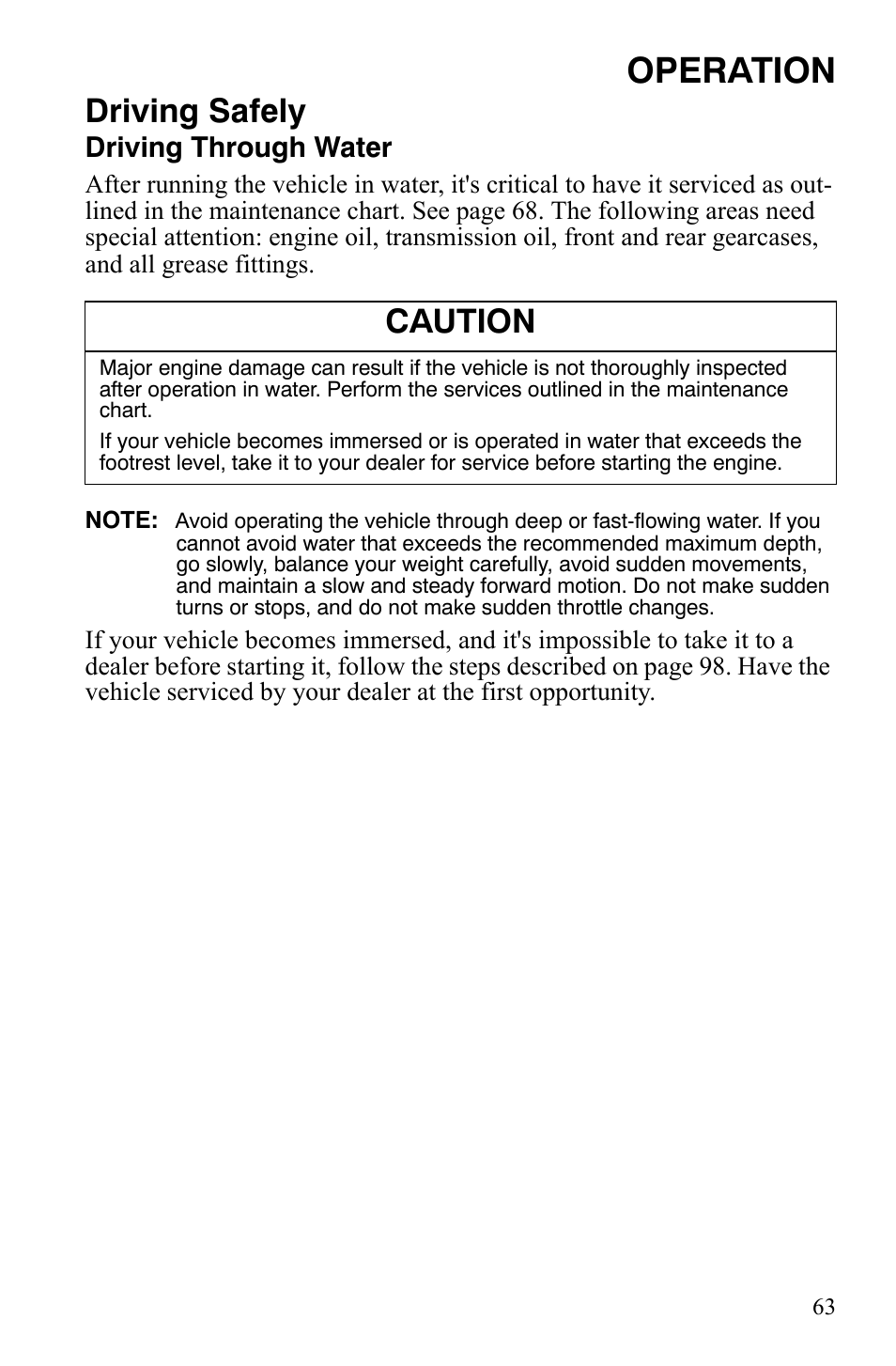 Operation, Driving safely, Caution | Driving through water | Polaris Hawkeye 9920787 User Manual | Page 66 / 141