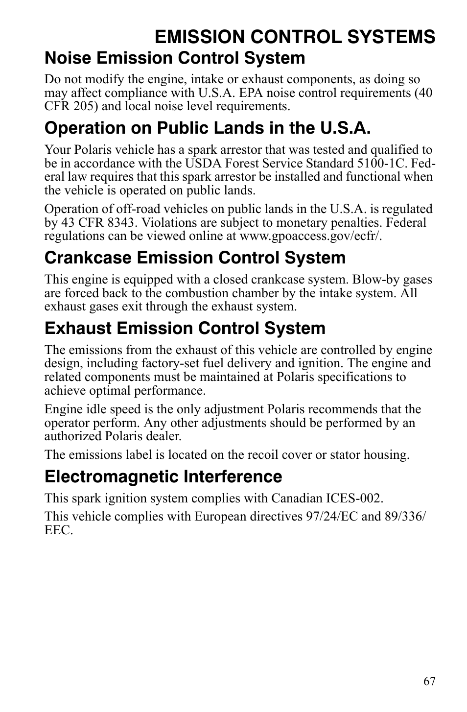 Emission control systems, Noise emission control system, Operation on public lands in the u.s.a | Crankcase emission control system, Exhaust emission control system, Electromagnetic interference | Polaris Hawkeye 9920787 User Manual | Page 70 / 141